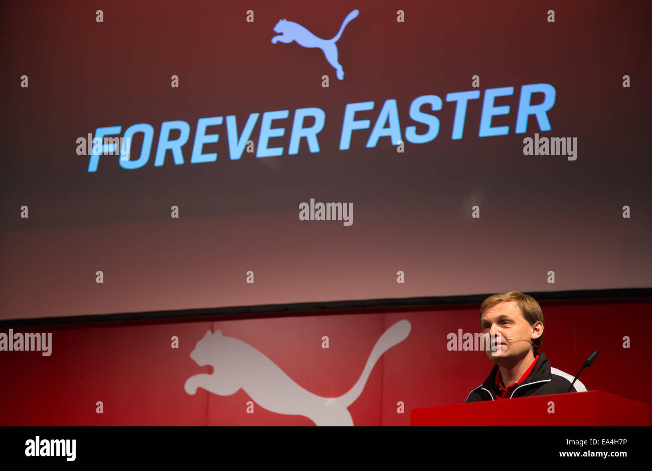PUMA CEO Bjoern Gulden speaks during a press conference in Herzogenaurach,  German with Forever Faster slogan in the background. COMMERCIAL  HANDOUT/EDITORIAL USE ONLY/NO SALES. Please quote the source 
