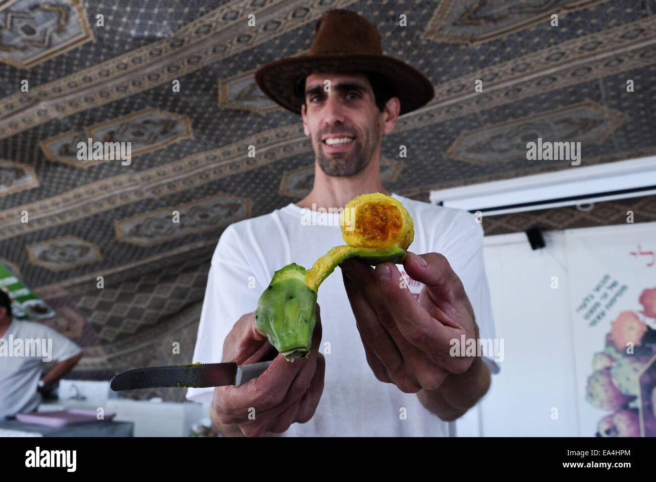 Negev Desert, Israel. 06th Nov, 2014. SHAHAR BLOOM demonstrates the peeling of a cactus pear at
