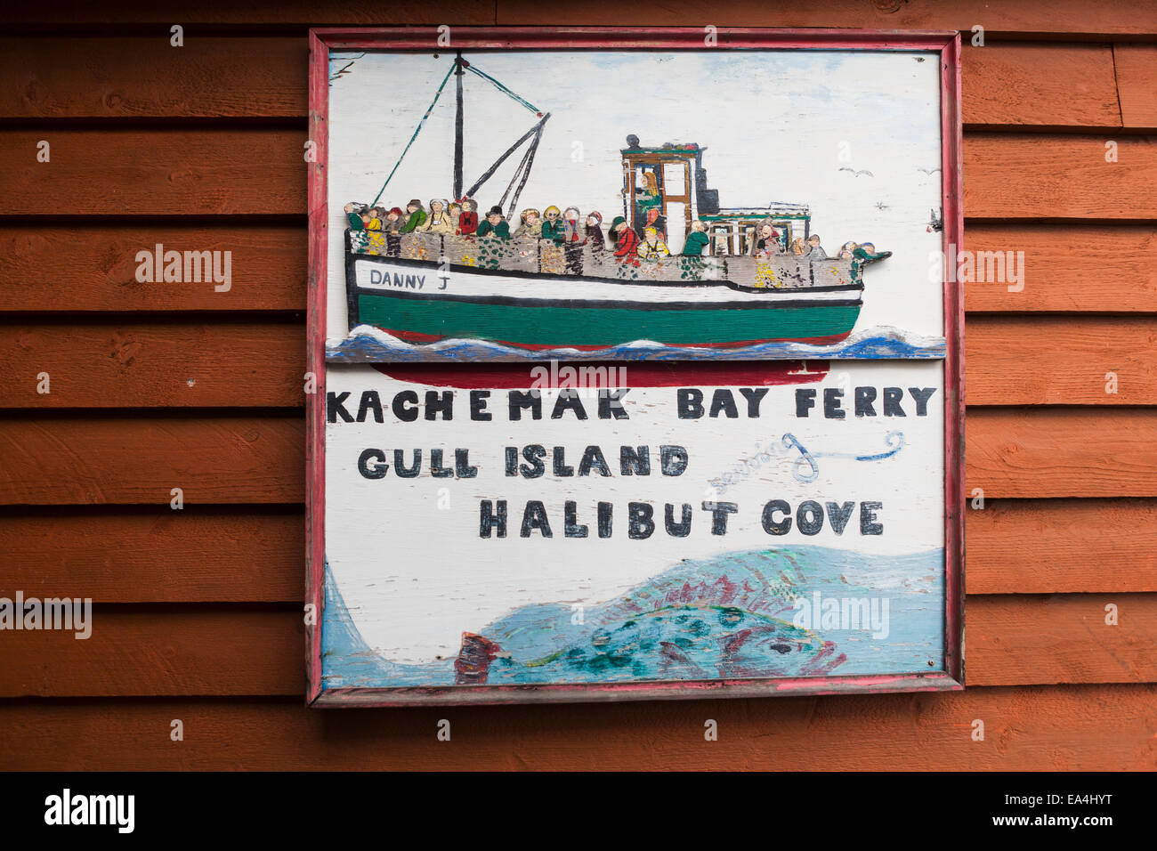 Detail view of a handmade sign for the Kachemak Bay Ferry at Halibut