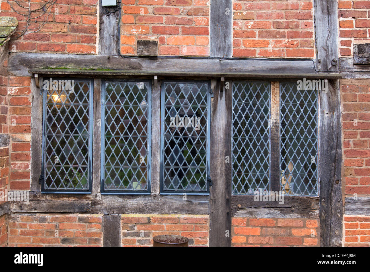 Elizabethan leaded glass windows at Brockhampton Manor near Bromyard, Herefrodshire, England, UK Stock Photo