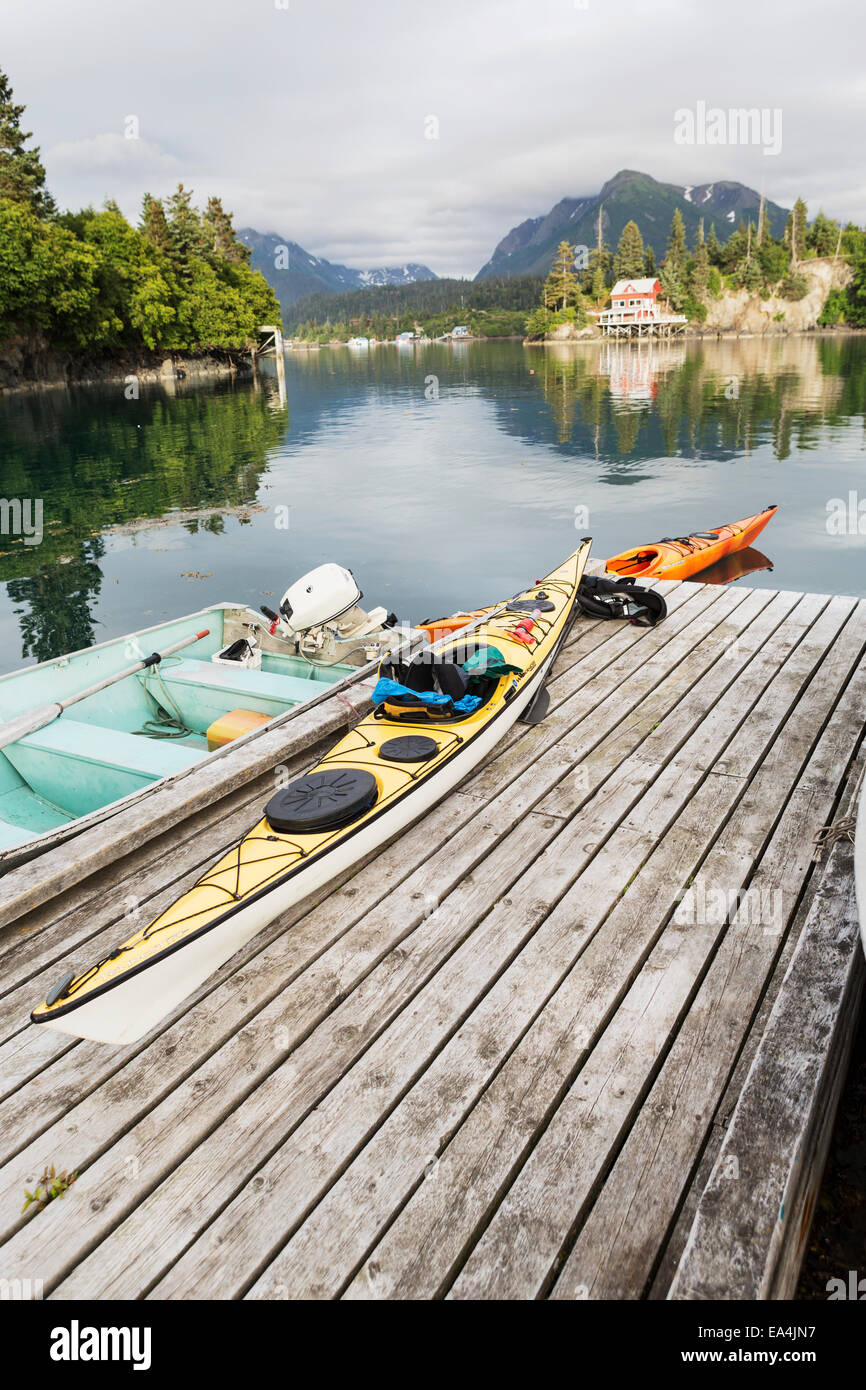 Kayaks on a dock, Halibut Cove, Kachemak Bay, Southcentral Alaska Stock
