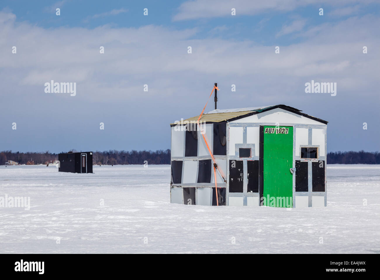 Ice Fishing Huts on Lake Simcoe. Stock Photo