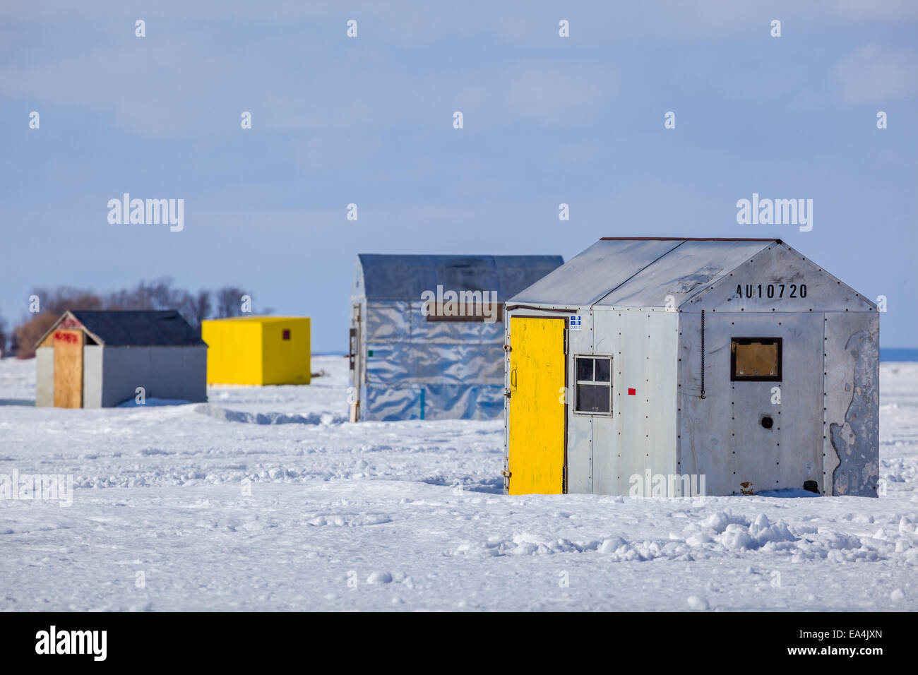 Ice Fishing Huts on Lake Simcoe. Stock Photo