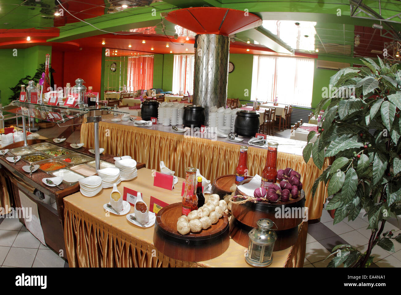 Restaurant buffet with the trays with salads at the counter Stock Photo