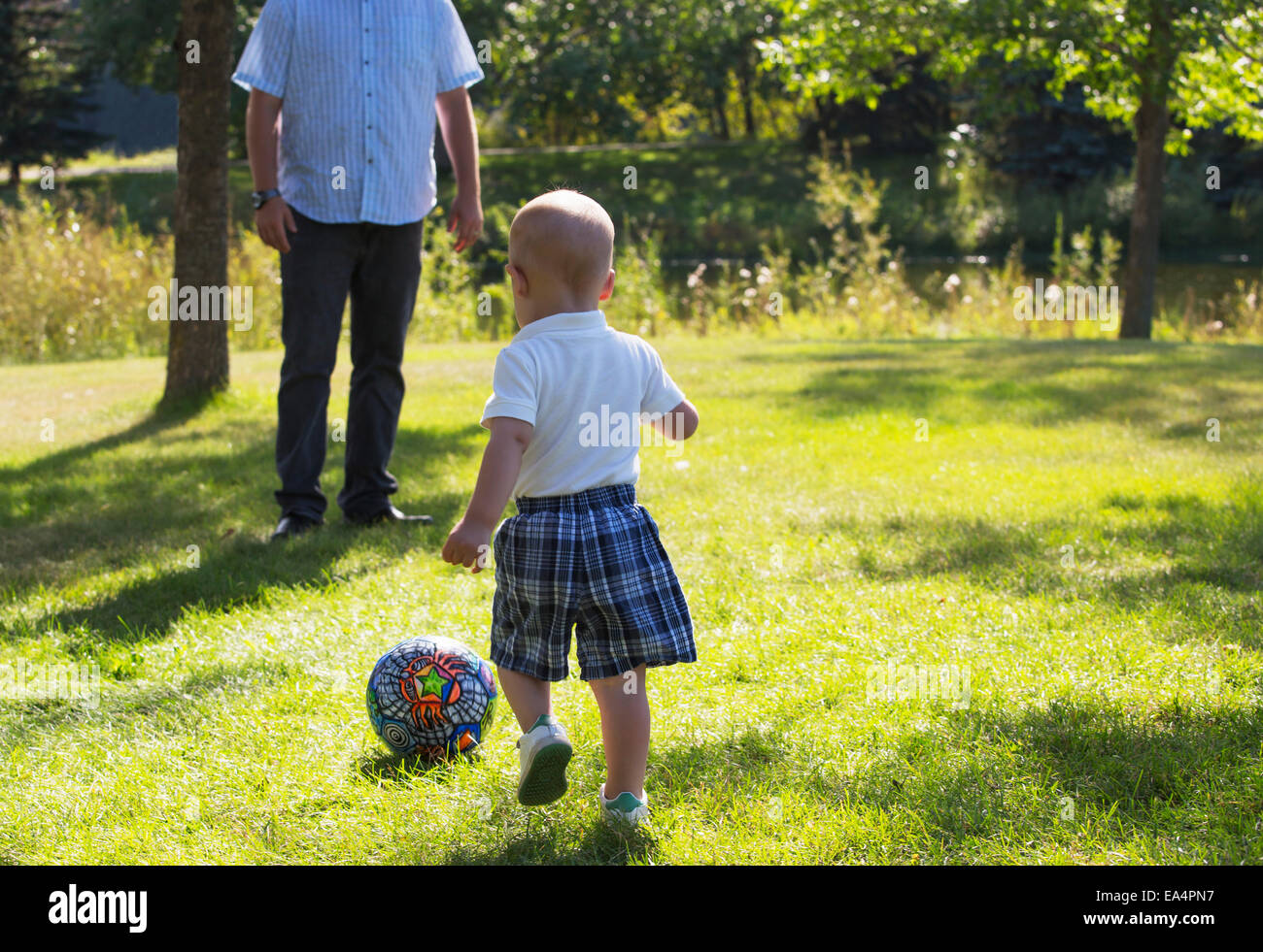 Father and toddler playing soccer in a park; Edmonton, Alberta, Canada