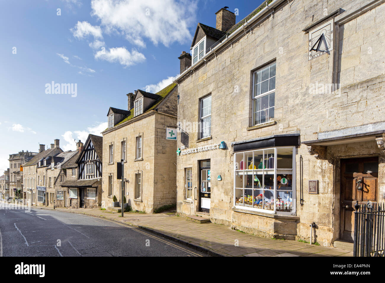 Looking down New Street towards the Old Post Office, Painswick, Gloucestershire, England, UK Stock Photo