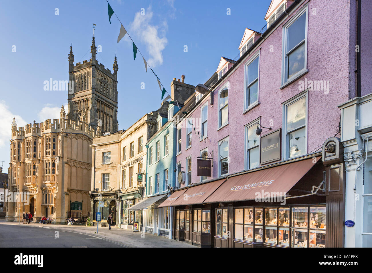 The Cotswold market town of Cirencester and the church of St. John the Baptist in Dyer Street, Gloucestershire, England, UK Stock Photo
