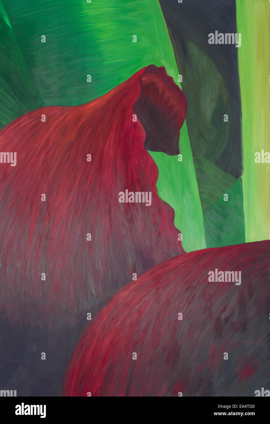 Red green flower derived from Expectations original oil painting Stock