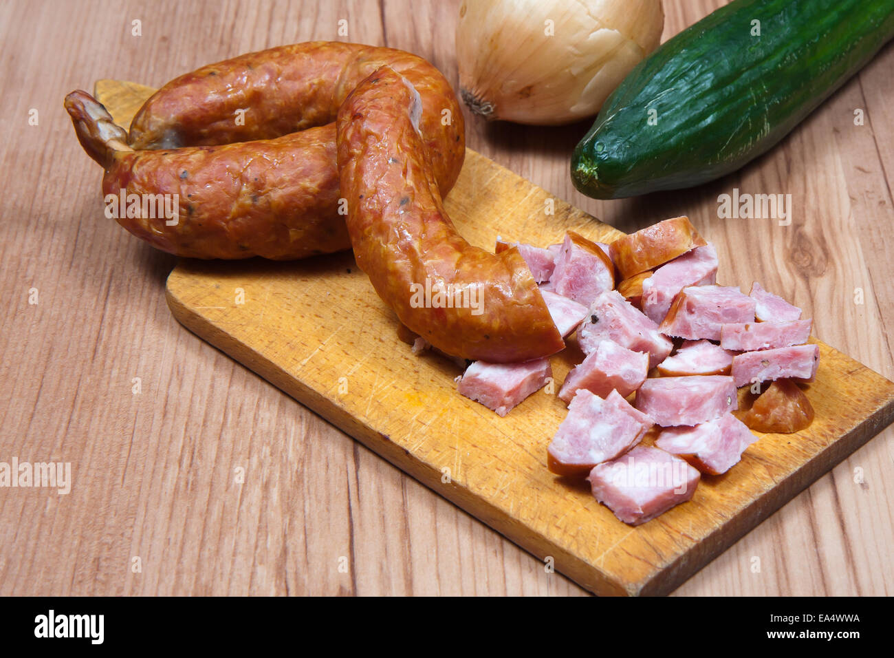 Polish, tasty sausage laying on a cutting board Stock Photo