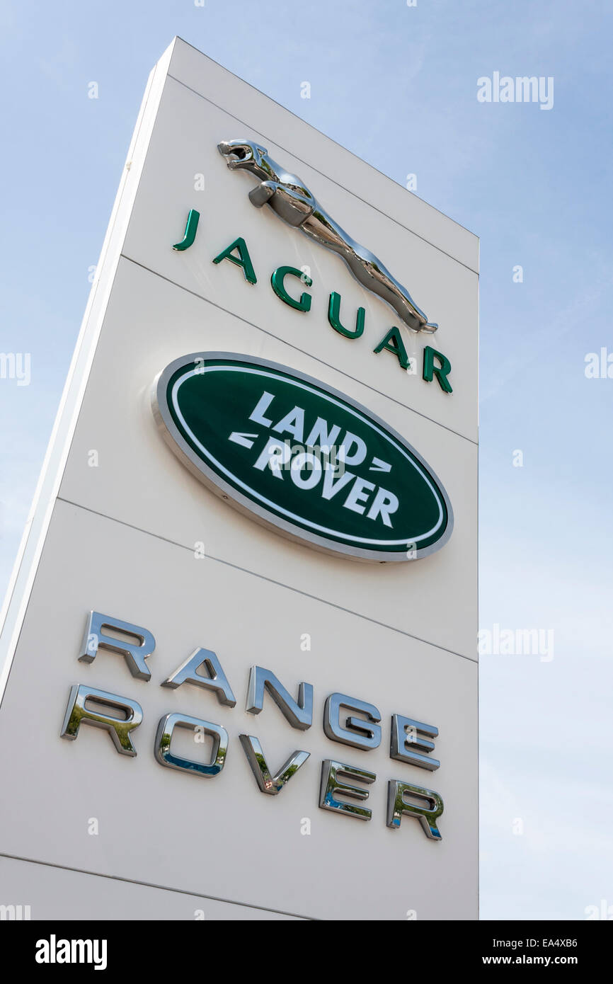 Jaguar, Land Rover, Range Rover sign outside a car dealership. Stock Photo