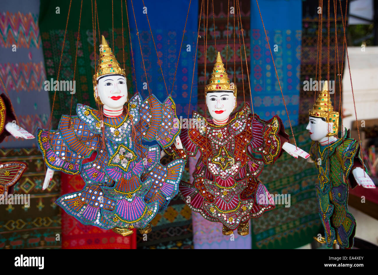 Puppets for sale in street market; Luang Prabang, Laos Stock Photo