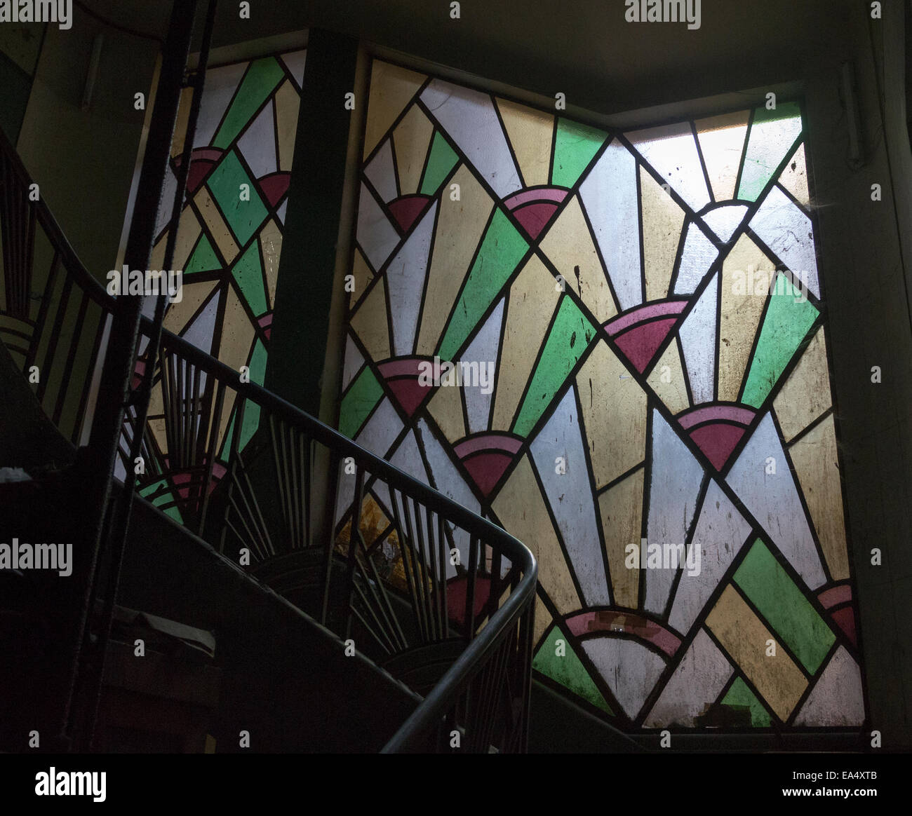 detail of stained glass in stairwell, the art deco Verivo building, Port Said, Egypt Stock Photo