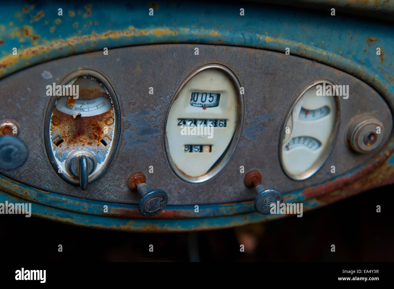 Details of the dashboard of an antique car; Yukon, Canada Stock Photo
