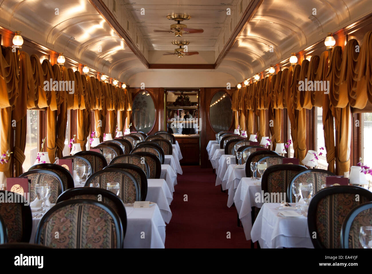 Historic dining car aboard the Napa Valley Wine train in California. Stock Photo