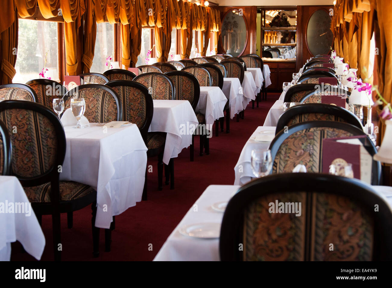 Historic dining car aboard the Napa Valley Wine train in California. Stock Photo