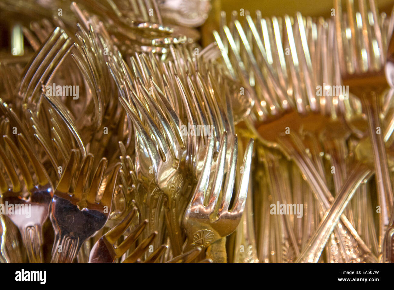 Still LIfe of silver forks aboard the Napa Valley Wine train in California. Stock Photo