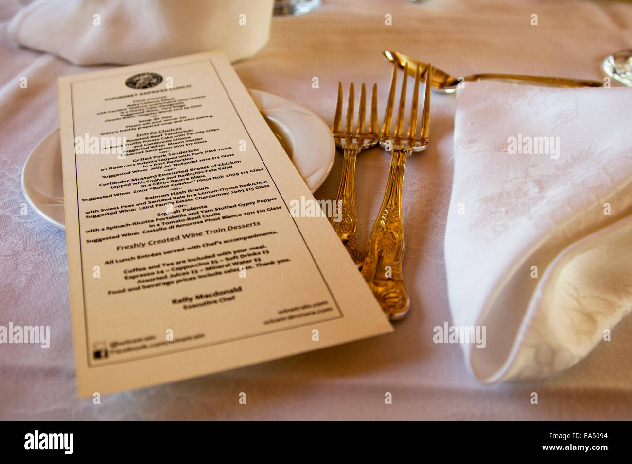 Menu at the table aboard a dining car on the Napa Valley Wine Train, Napa Valley, California. Stock Photo
