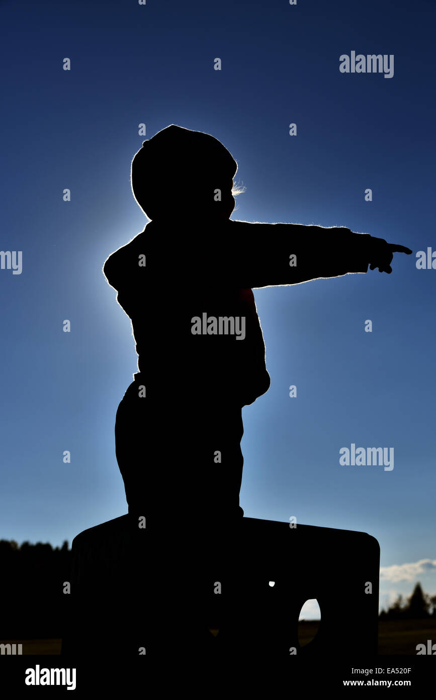 Silhouette of a young boy (2 1/2 yrs old) pointing Stock Photo