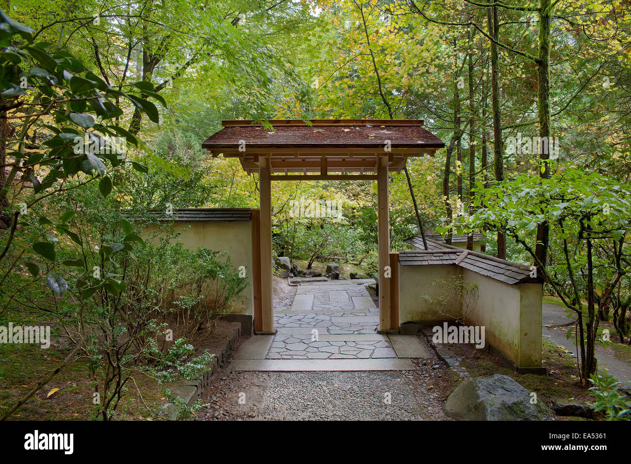 Entryway structure and roof wall at Portland Japanese Garden in Autumn Stock Photo