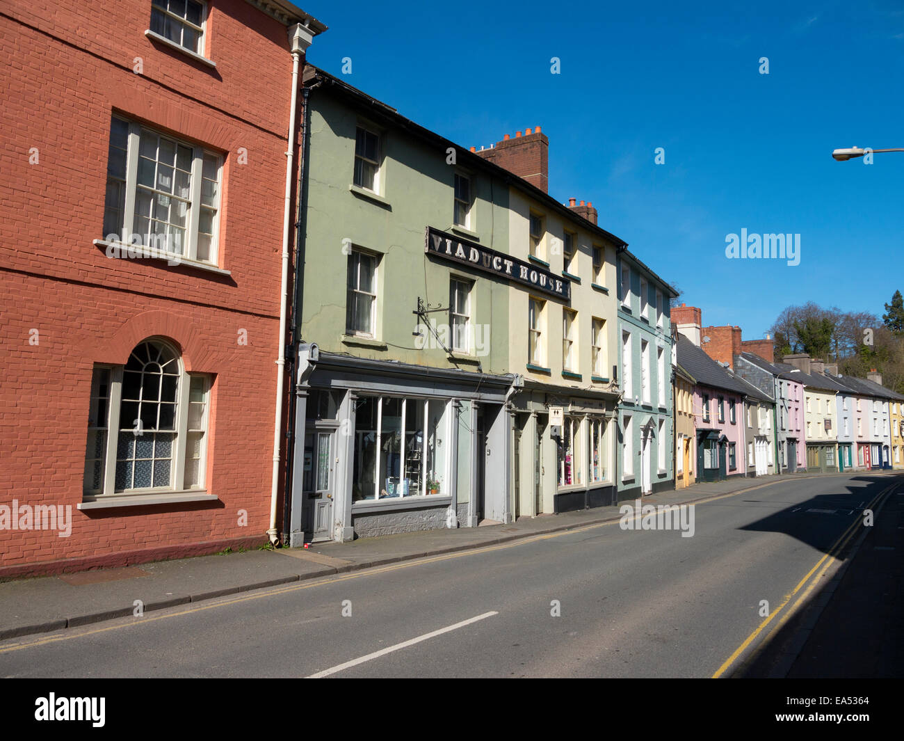 Brecon colourful old buildings along the west side of the Struet, Viaduct house on the left. Stock Photo