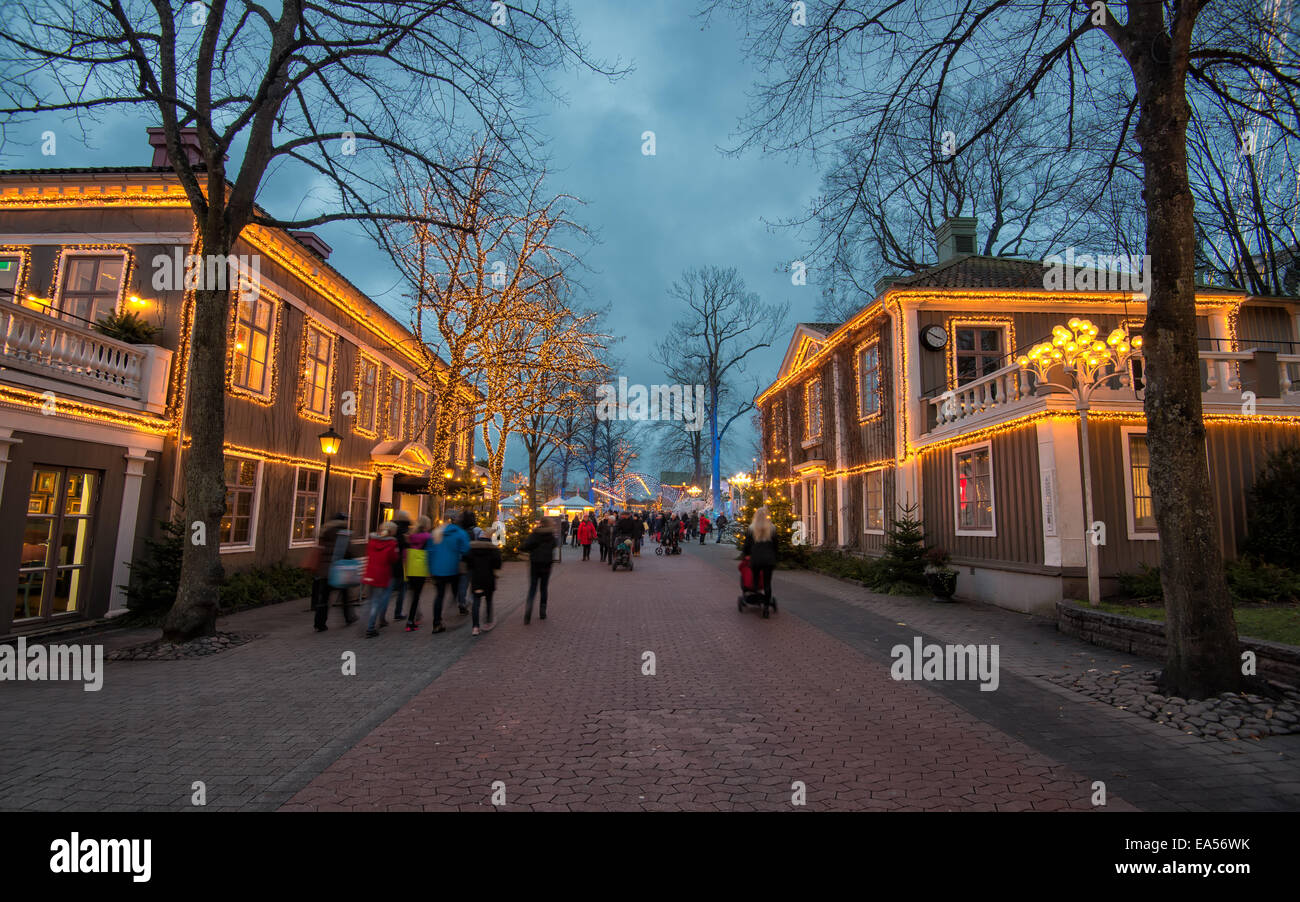 Illuminated building and trees during the Christmas market at Liseberg