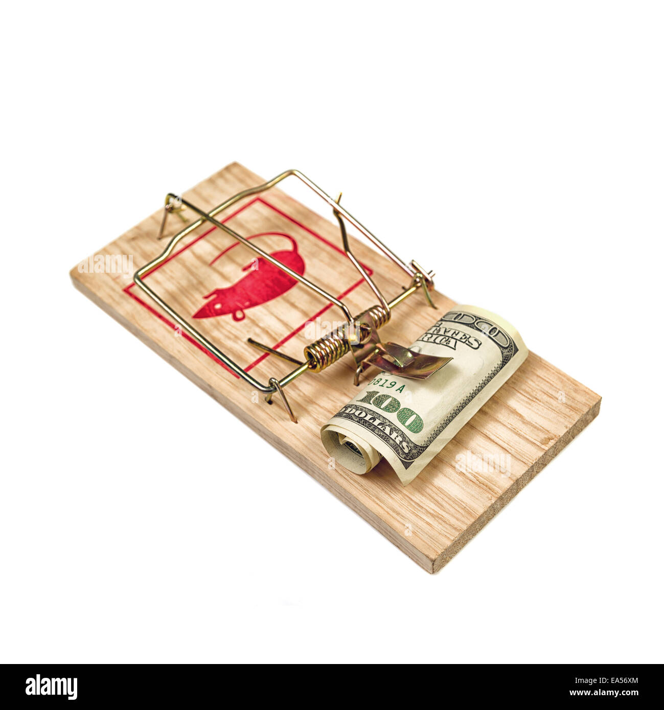 Hundred Dollars Bill in Mouse Trap over white background Stock Photo