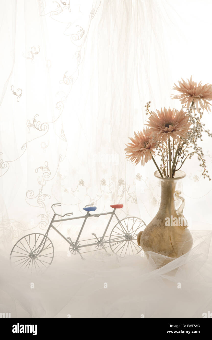 Potted flowers and vintage bike Stock Photo