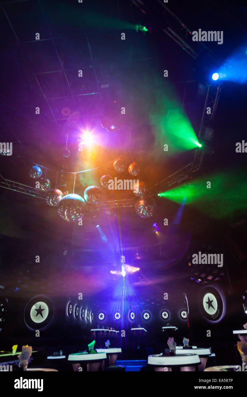 Disco light show, Stage lights with laser Stock Photo Alamy