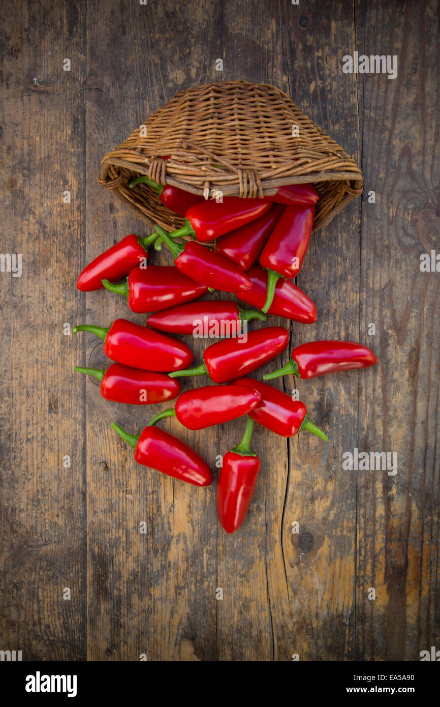 Basket and jalapenos, Capsicum annuum, on wood Stock Photo