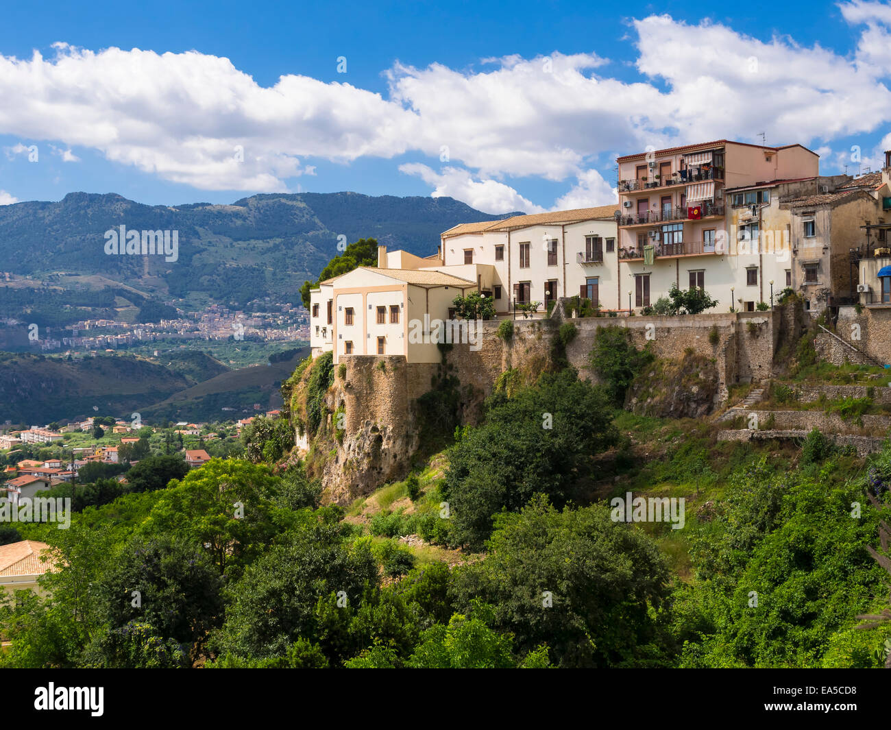 Italy, Sicily, Province of Palermo, Monreale, old houses on rocky cliff Stock Photo