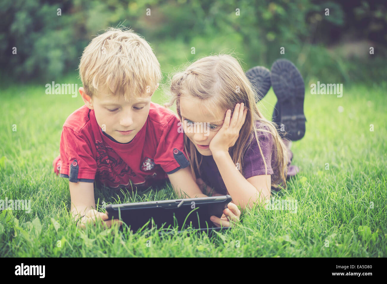 Brother and sister lying on a meadow using digital tablet Stock Photo ...