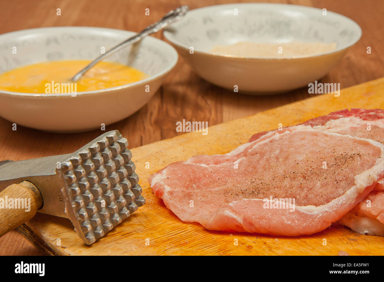 Pork chops ready to be fried. Stock Photo