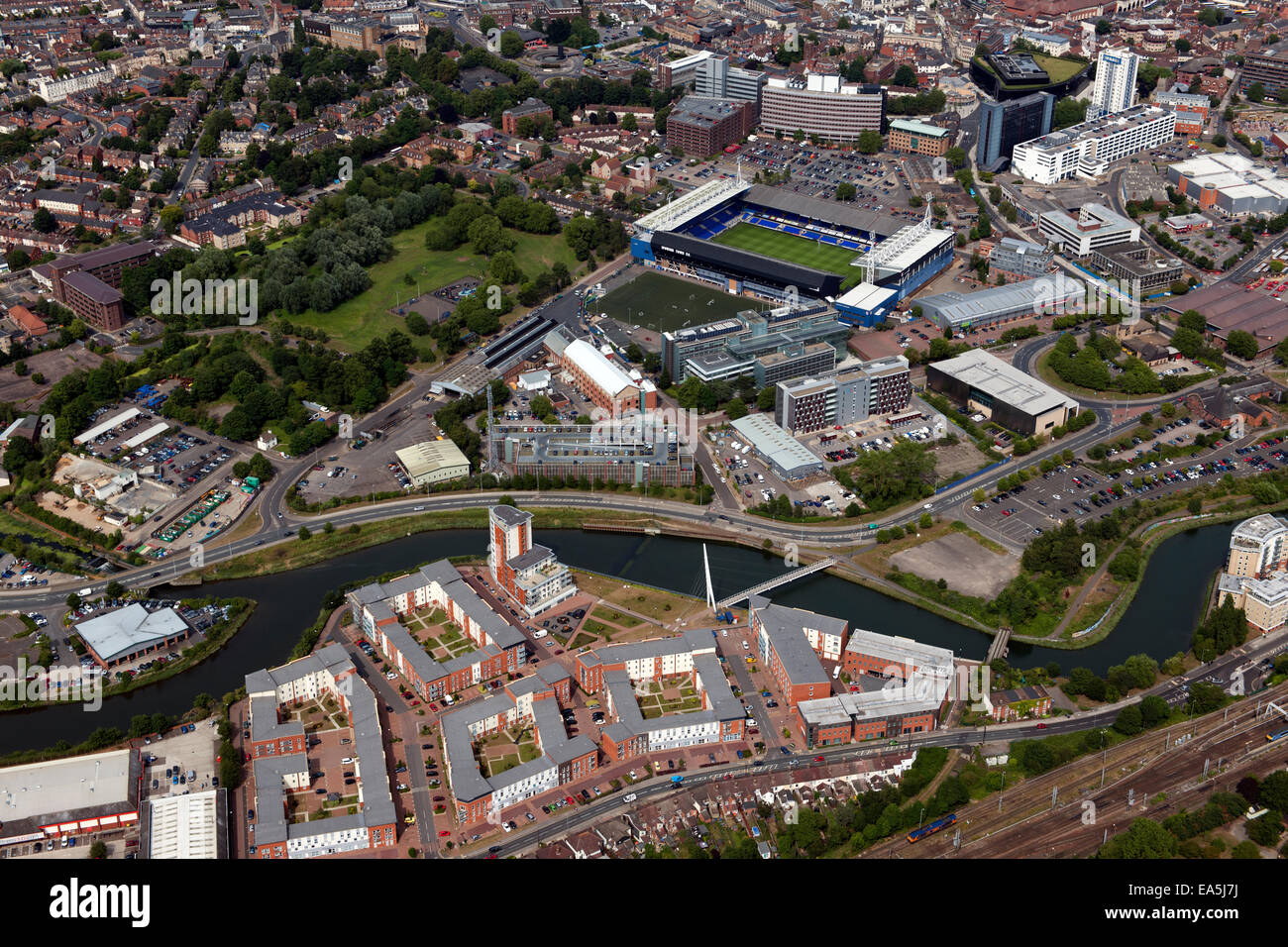 An aerial view of Ipswich Suffolk with the town centre, Football