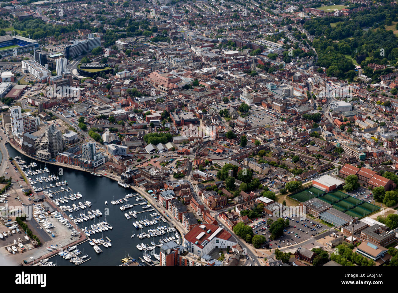 An aerial view of Ipswich Suffolk with the town centre, Football ...