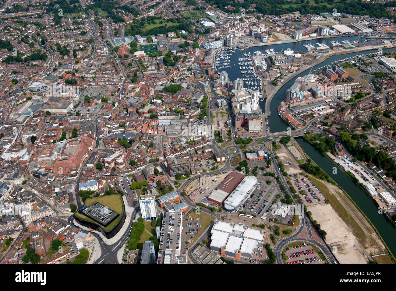 An aerial view of Ipswich Suffolk with the town centre, Football stadium offices and the marina on the River Orwell Stock Photo