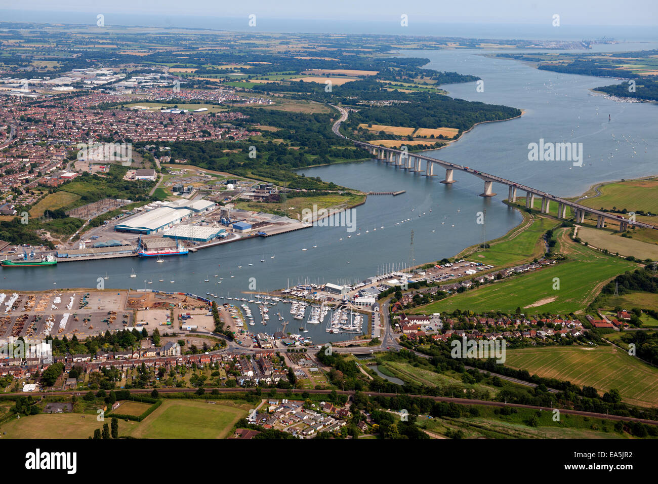 An aerial view of Ipswich Suffolk with the town centre, Football stadium offices and the marina on the River Orwell Stock Photo