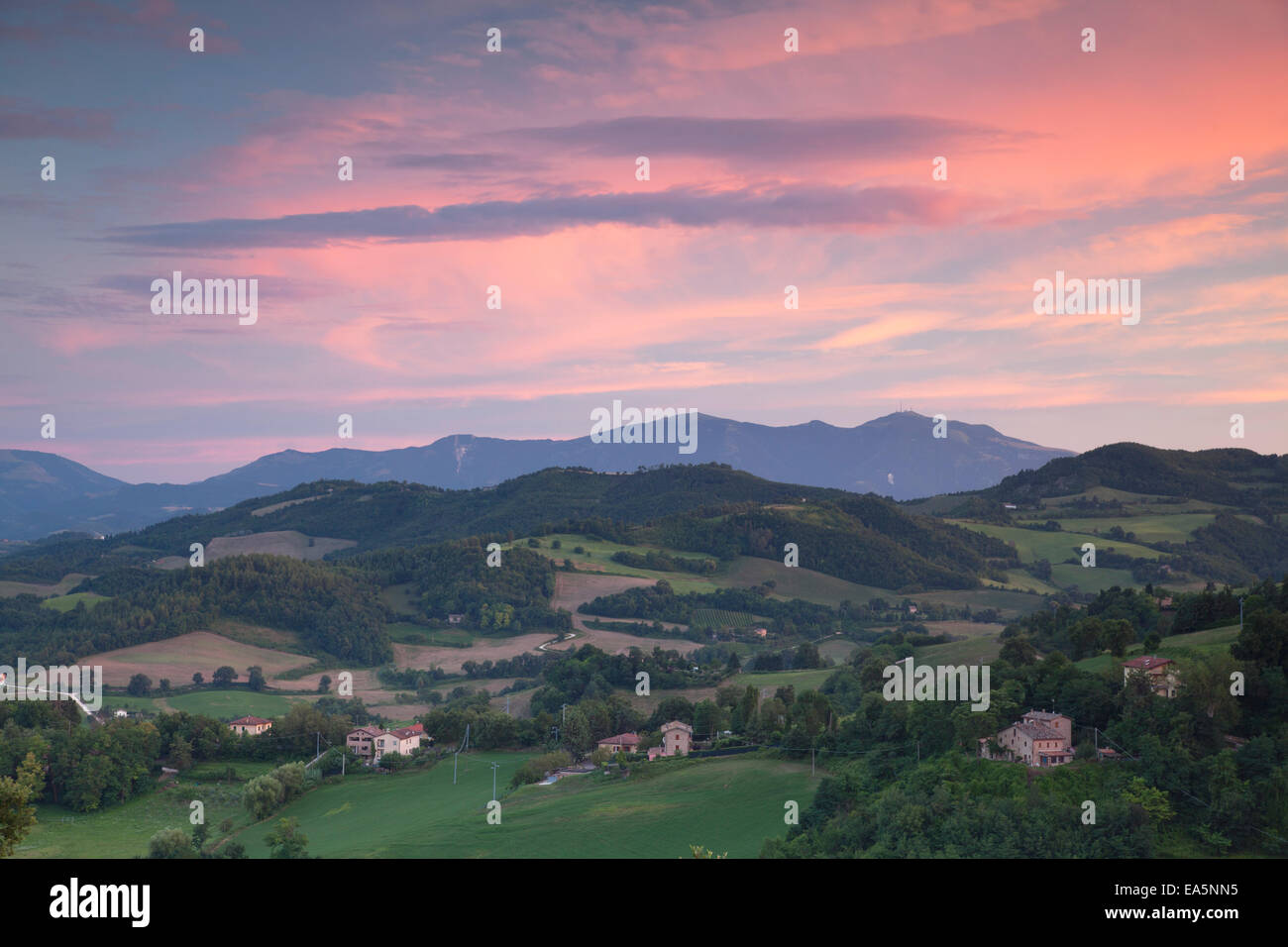Countryside around Urbino at sunset, Le Marche, Italy Stock Photo