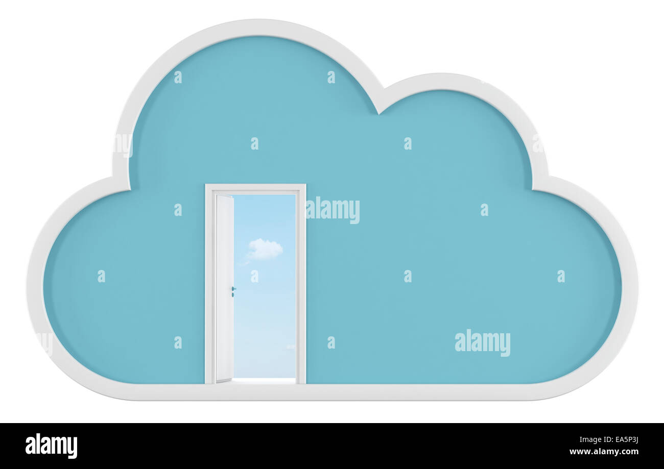 Cloud isolated on white and open door with sky on background - 3D Rendering Stock Photo