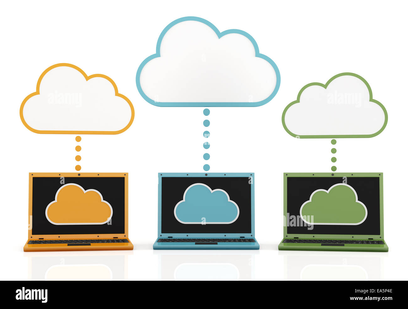 Three laptops with clouds of different sizes isolated on white - 3D Rendering Stock Photo