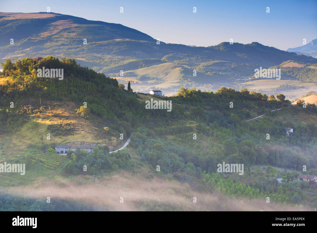 Countryside around Urbino at dawn, Le Marche, Italy Stock Photo