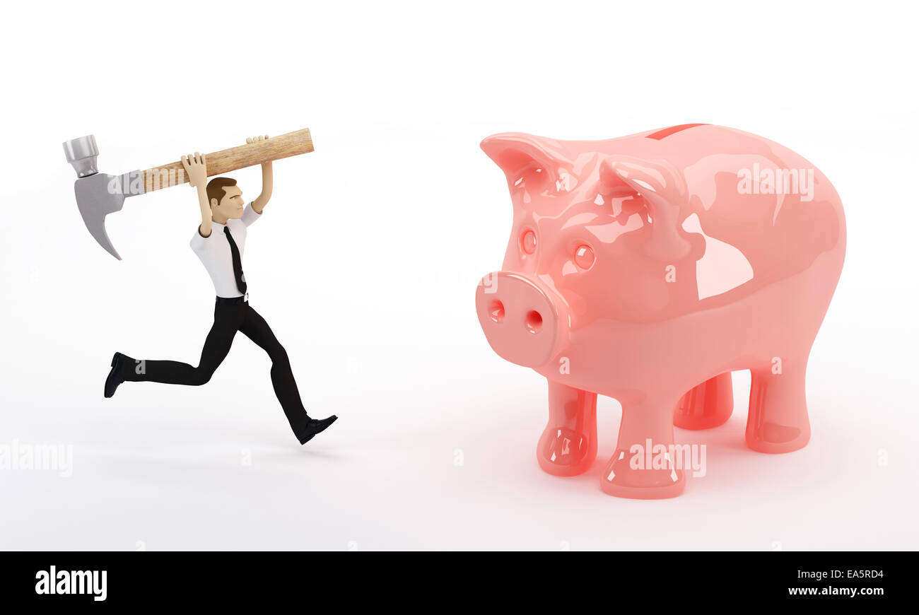 Business man about to break his piggy bank with a hammer. Isolated on ...