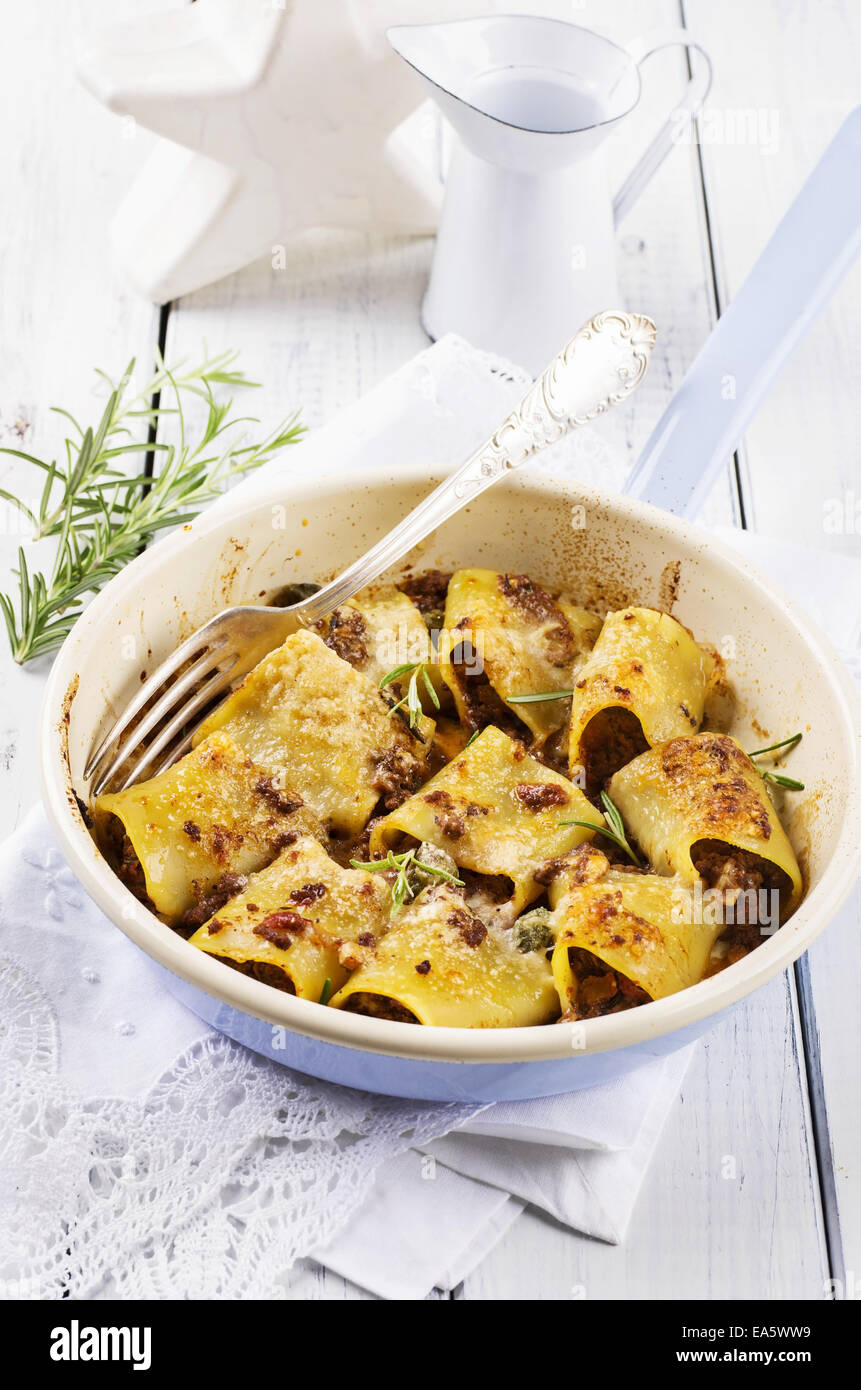 italian pasta Mezza Tufoli filled with minced meat Stock Photo - Alamy