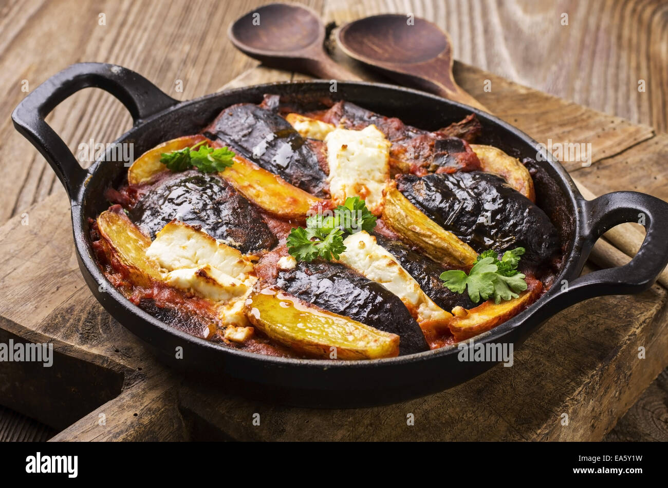 baked eggplant with potato greek style Stock Photo Alamy