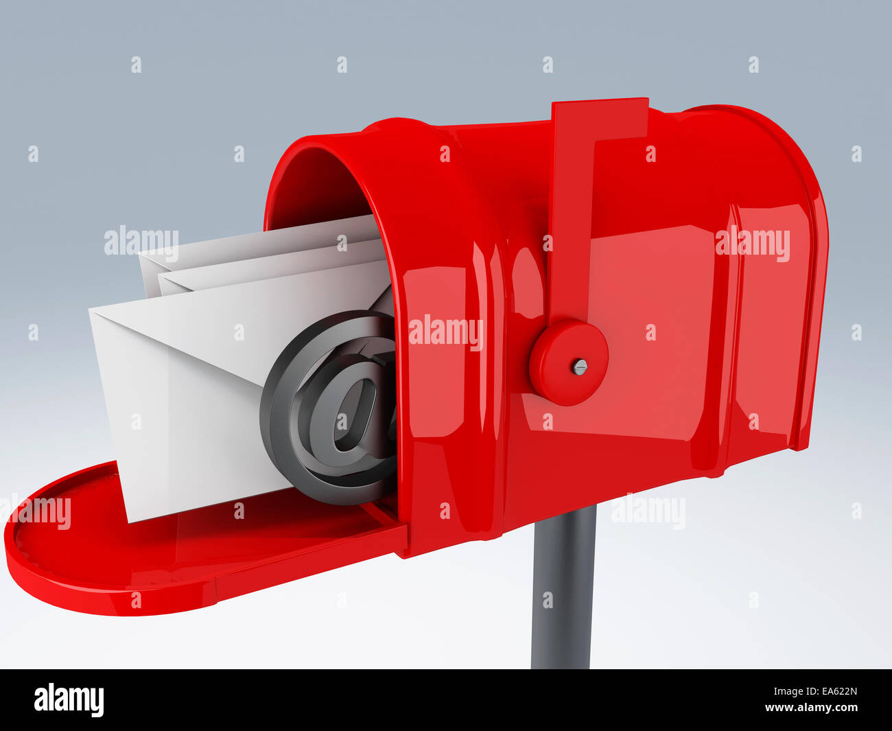 red mail box with heap of letters Stock Photo