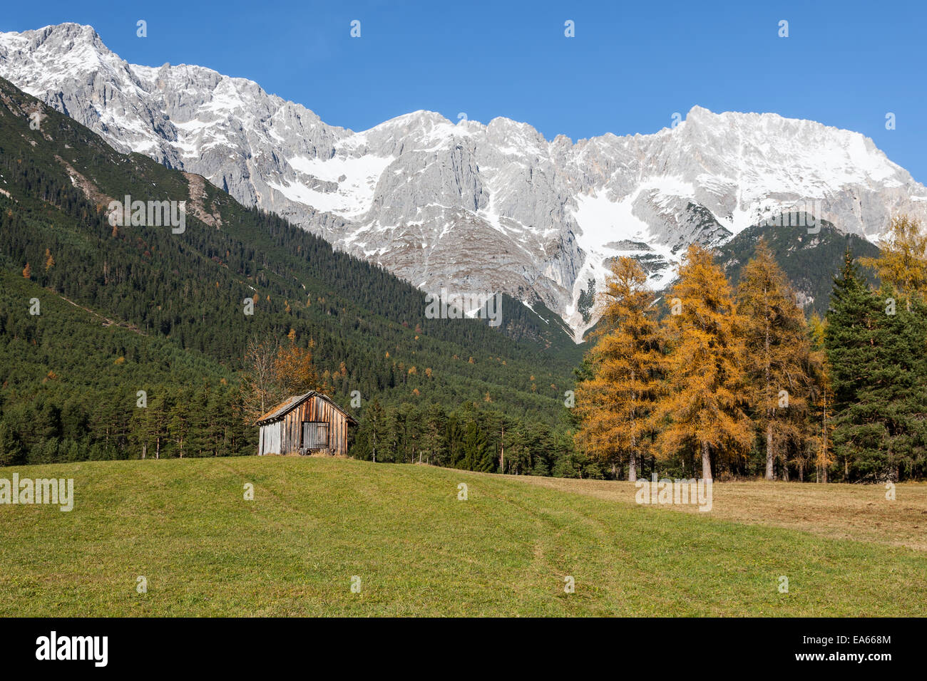 Autumn Mountain Landscape of the Mieming Plateau, Austria, Tyrol Stock Photo