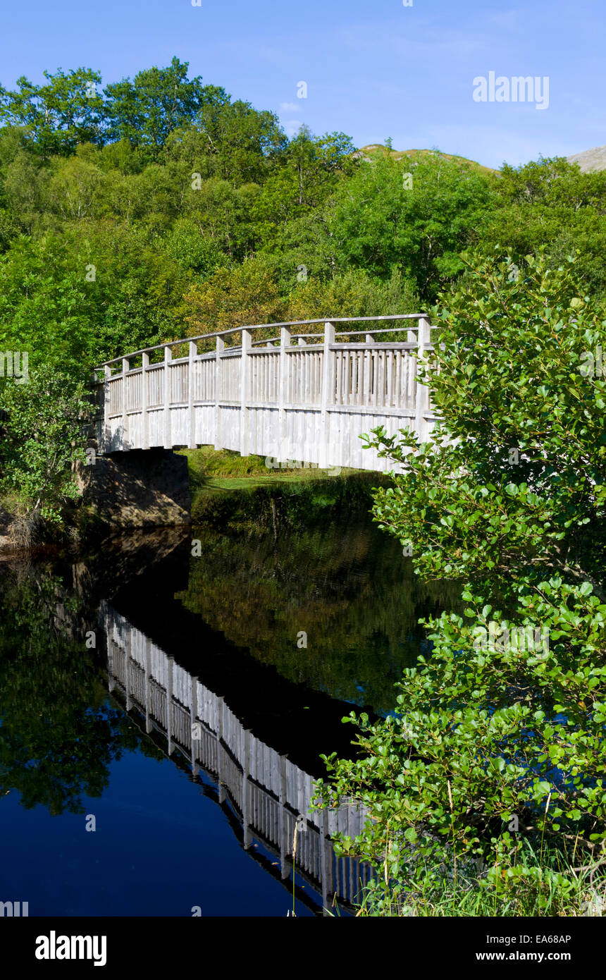 Footbridge Over The River Callop Flowing Into Loch Sheil, Glenfinnan, Lochaber, Highland, Scotland, UK Stock Photo