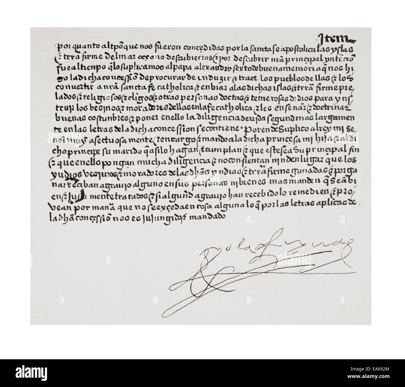 Fragment of the codicil to the will of Isabella I, 1451 –1504, aka Isabella the Catholic.  Queen of Castile and León. Stock Photo