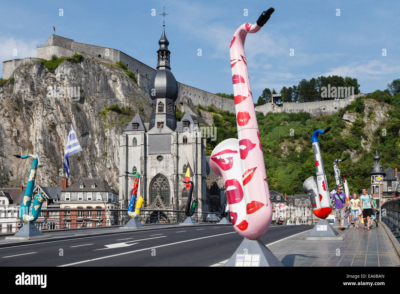 The bridge at Dinant decorated to mark the Sax Bicentennial, Wallonia, Belgium. Stock Photo