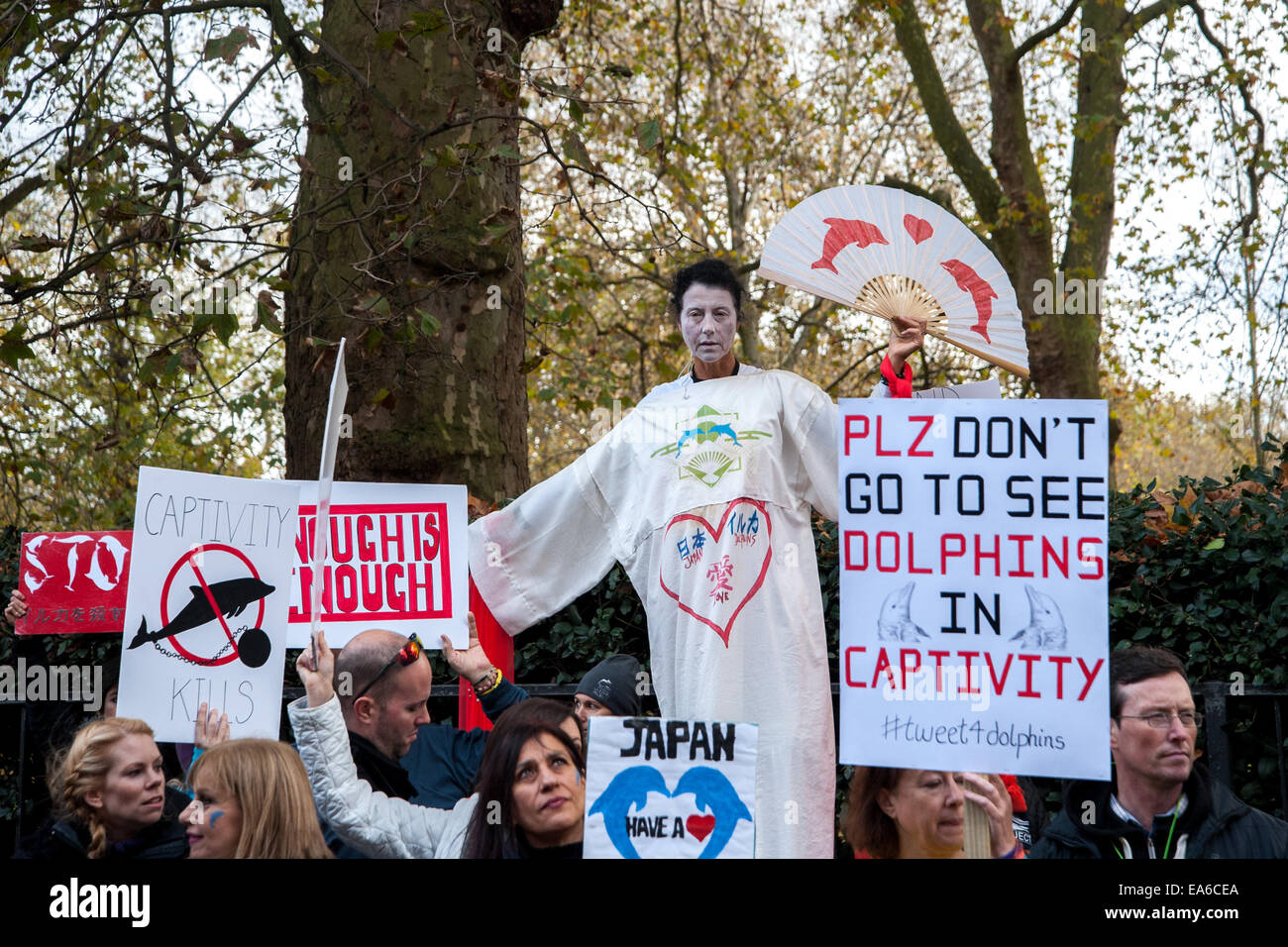 London, UK. 7th November, 2014. Hundreds of protesters gather opposite the Japanese Embassy in London to protest against the killing of the mammals during the dolphin drives that take place annually from September to March in Taiji, Higashimuro District, Wakayama Prefecture, Japan. Credit:  Pete Maclaine/Alamy Live News Stock Photo