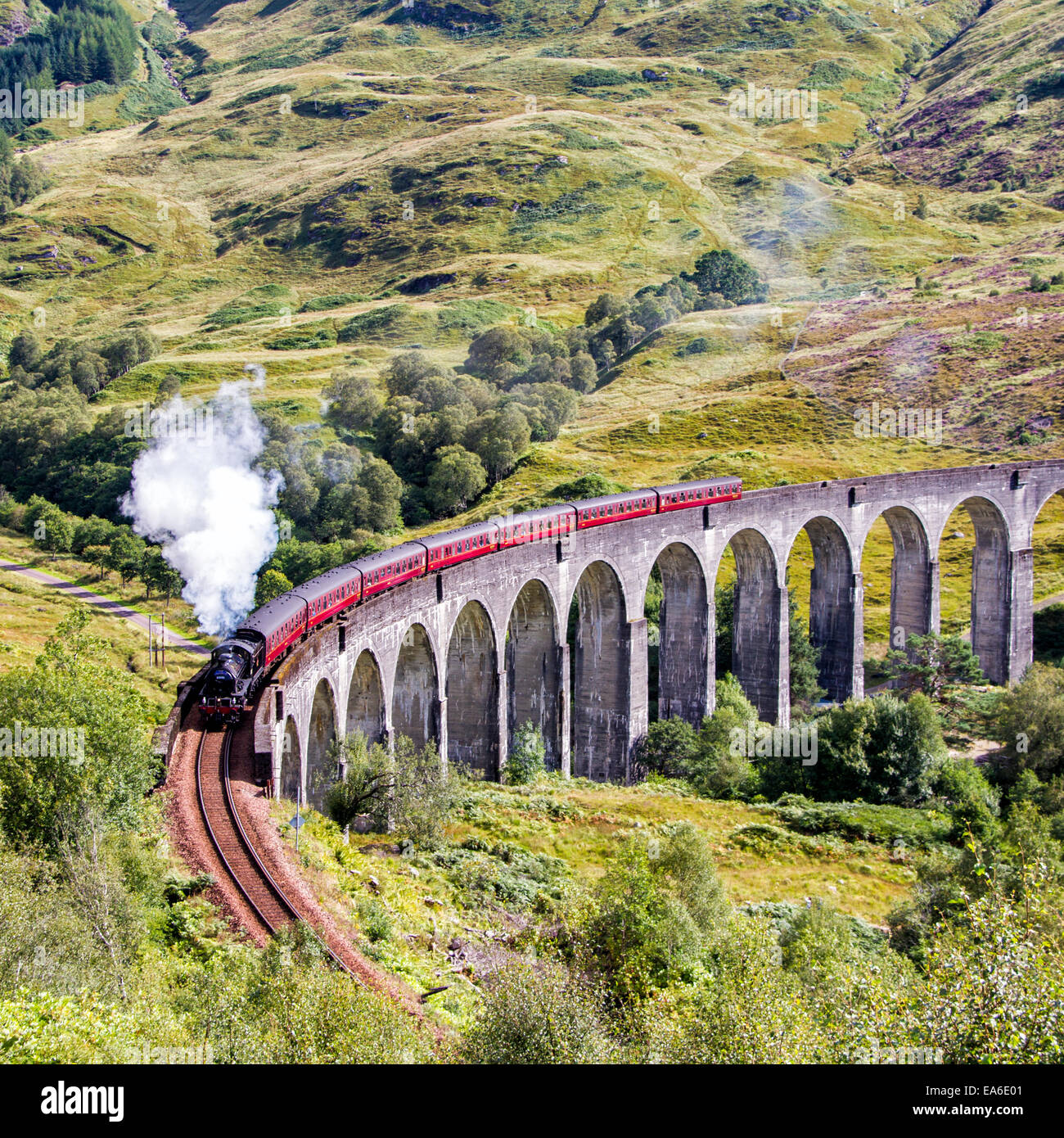 Jacobite steam train crossing Glenfinnan viaduct, Highlands, Scotland, UK Stock Photo